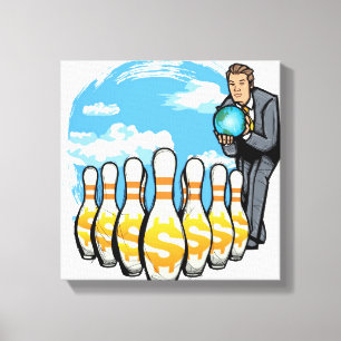 Businessman bowling a globe towards money pins canvas print