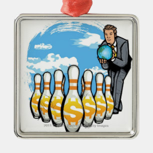 Businessman bowling a globe towards money pins metal tree decoration