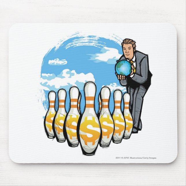 Businessman bowling a globe towards money pins mouse pad (Front)