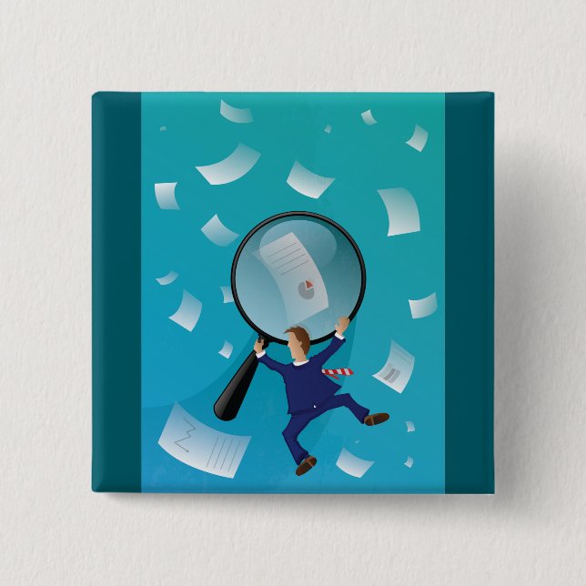 Businessman Giant Magnifying Glass Flying Papers 15 Cm Square Badge (Front)