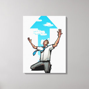 Businessman kneeling, arrow sign in the background