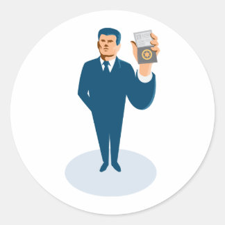 businessman secret agent showing id card badge wal classic round sticker