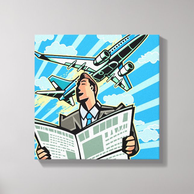 Businessman with newspaper and aeroplane above canvas print (Front)