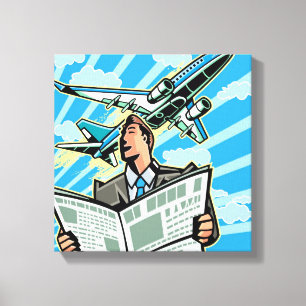 Businessman with newspaper and aeroplane above canvas print
