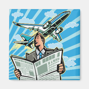 Businessman with newspaper and aeroplane above magnet
