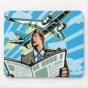Businessman with newspaper and aeroplane above mouse pad