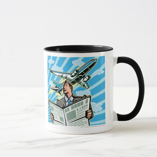 Businessman with newspaper and aeroplane above mug (Right)