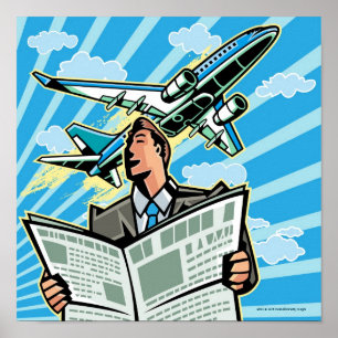 Businessman with newspaper and aeroplane above poster