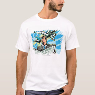 Businessman with newspaper and aeroplane above T-Shirt