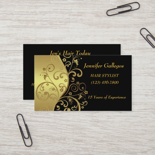 Businesss Cards--Black & Gold Swirls Business Card (Front/Back In Situ)