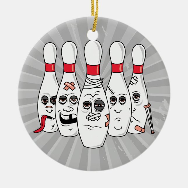 busted up injured bowling pins cartoon ceramic tree decoration (Front)