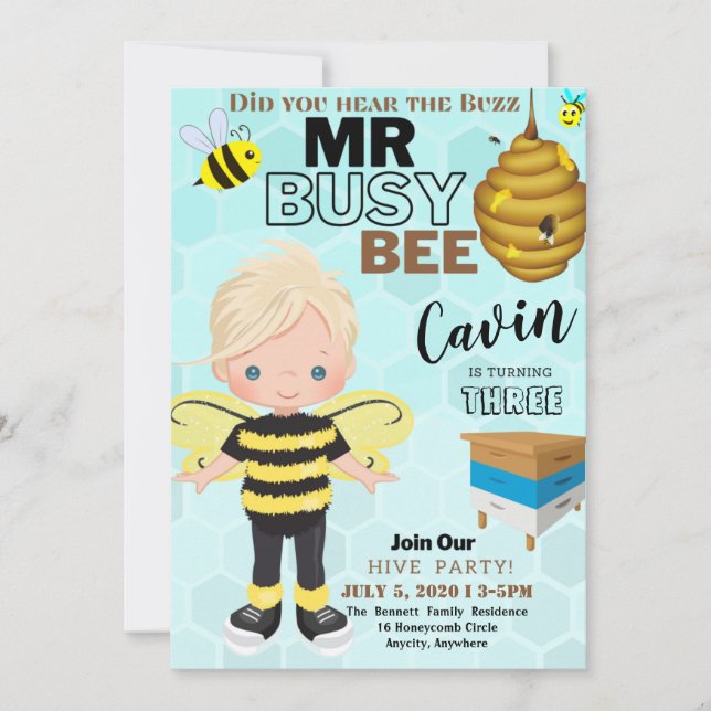 Busy Bee 2 Different Birthday Invitation Card (Front)