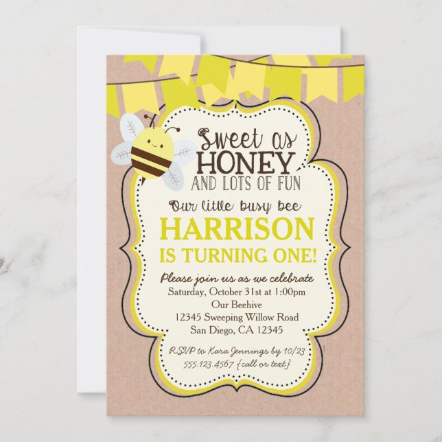 Busy Bee Birthday Invitation for boy or girl (Front)