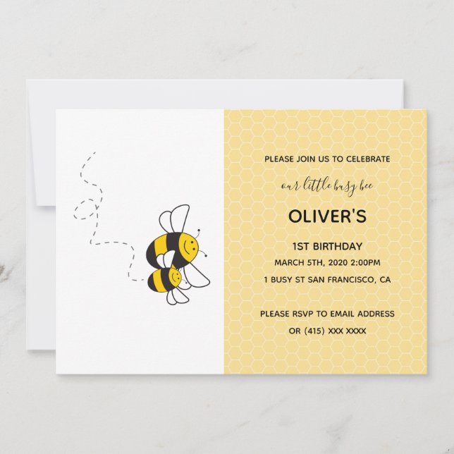 Busy bee bumblebee birthday party invitation (Front)