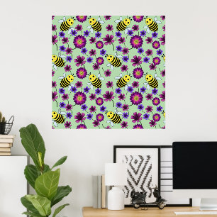 Busy Bee Meadow: Cute Bumblebee and Purple Floral  Poster