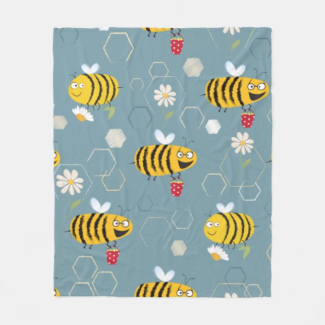 Busy bees buzzing around & pollinating flowers fleece blanket (Front)