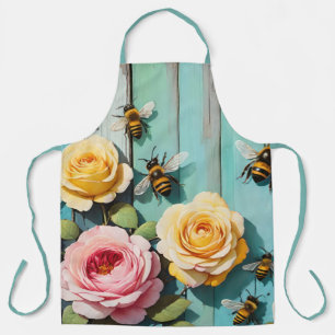 Busy Bees with Pink and Yellow Roses on Old Fence Apron