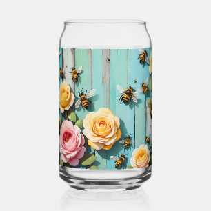Busy Bees with Pink and Yellow Roses on Old Fence Can Glass