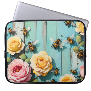 Busy Bees with Pink and Yellow Roses on Old Fence Laptop Sleeve