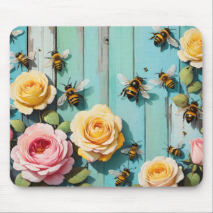 Busy Bees with Pink and Yellow Roses on Old Fence Mouse Pad