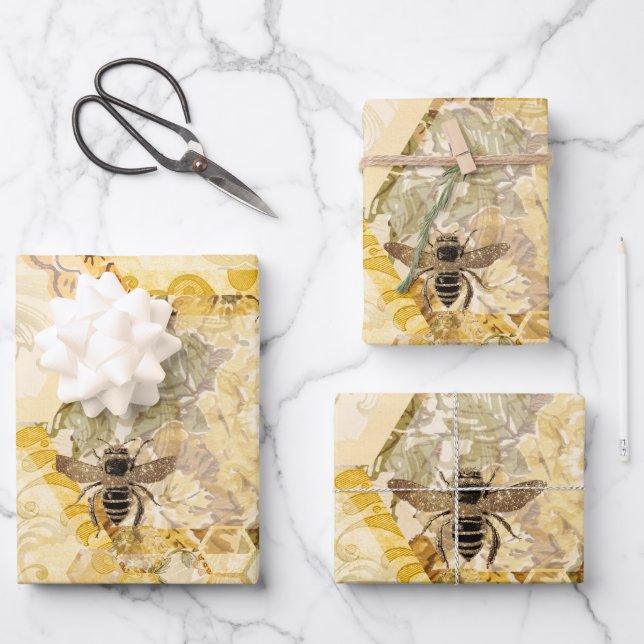 Busy Bees Wrapping Paper Flat Sheet Set of 3 (Front)
