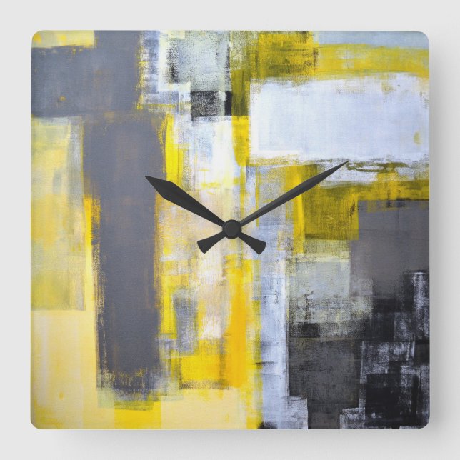 'Busy, Busy' Gray and Yellow Abstract Art Square Wall Clock (Front)