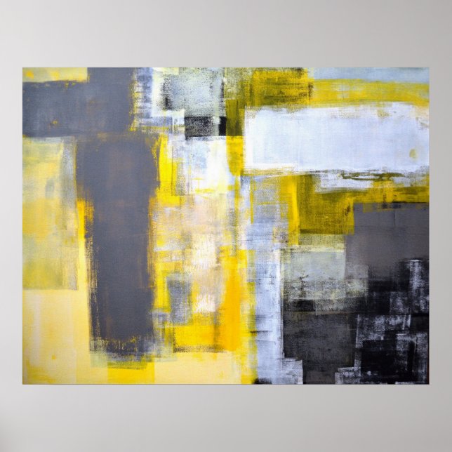 'Busy, Busy' Grey and Yellow Abstract Art Poster (Front)