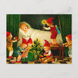Busy Christmas Elves - Vintage Christmas Holiday Postcard