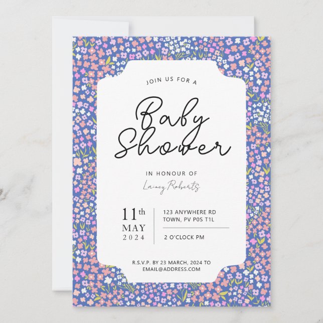 Busy Ditsy Floral Pink and Indigo Blue Baby Shower Invitation (Front)