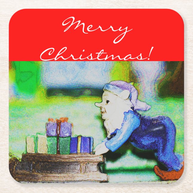 Busy Elf by Shirley Taylor Square Paper Coaster (Front)