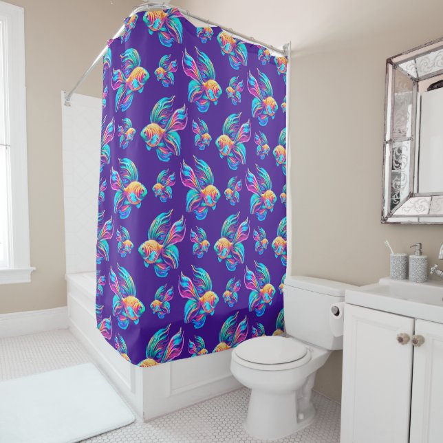 Busy Fishes Deep Blue Shower Curtain (In Situ)