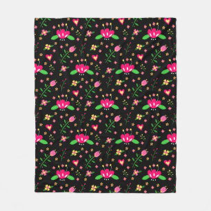 Busy Floral Pattern on Black Fleece Blanket