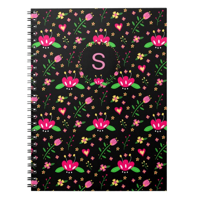 Busy Floral Pattern on Black Monogram Notebook (Front)