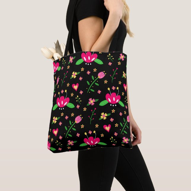 Busy Floral Pattern on Black Tote Bag (Close Up)