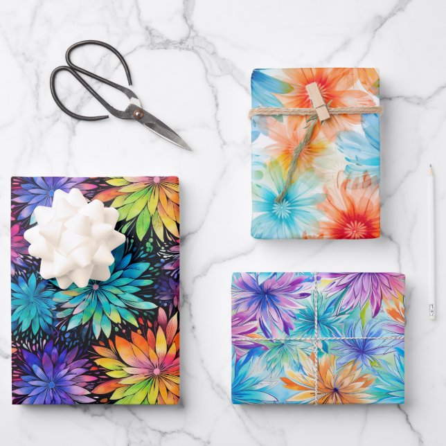 Busy Floral Tie Dye pattern set 3 Wrapping Paper Sheet (Front)