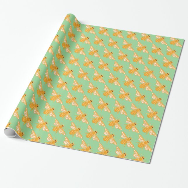 Busy honey bees pattern on green background wrapping paper (Unrolled)