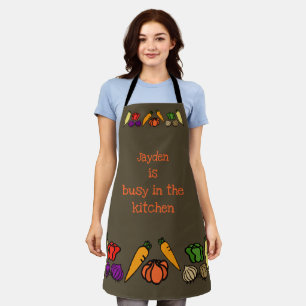 Busy in the kitchen, vegetables, your name apron