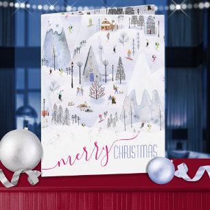 Busy Mountain Ski Village Merry Christmas Holiday Card
