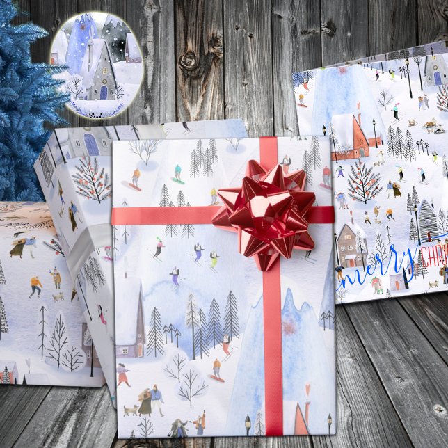 Busy Mountain Ski Village Wrapping Paper (Mountain Ski Village Holiday Gift Wrapping Paper in 6 & 15 foot long 30 inch wide rolls)