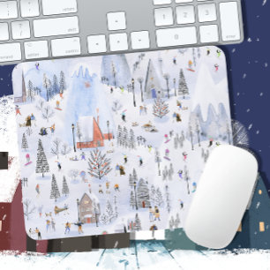 Busy Snowy Mountain Alpine Ski Village Mouse Pad