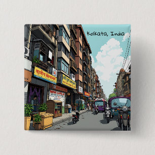 Busy Street of downtown Kolkata, India 15 Cm Square Badge