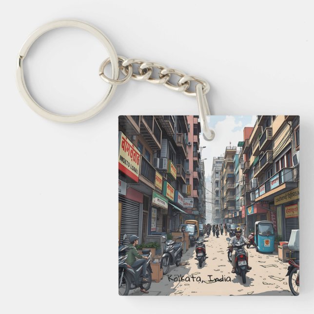 Busy Street of downtown Kolkata, India  Key Ring (Front)