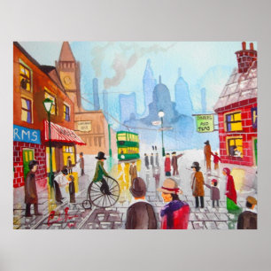 Busy street scene penny farthing tram Gordon Bruce Poster