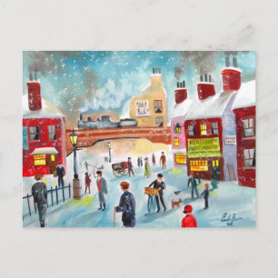 Busy street scene winter train oil painting art po postcard
