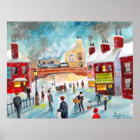 Busy street scene winter train oil painting art