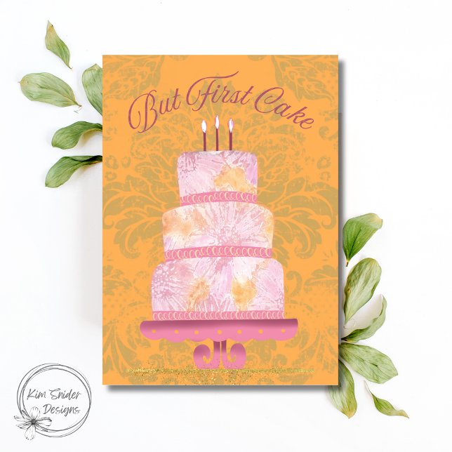"But First Cake" Vintage Pink Tiered Cake Card (Creator Uploaded)