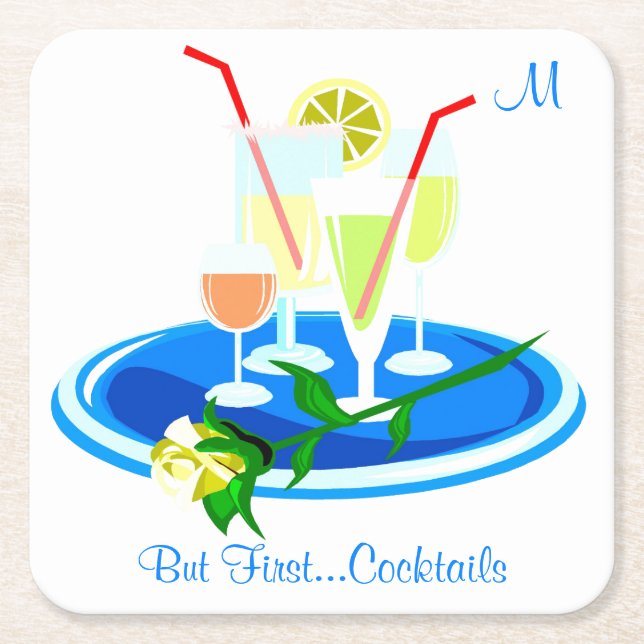But First Cocktails Drink Quote Fun Humour Square Paper Coaster (Front)