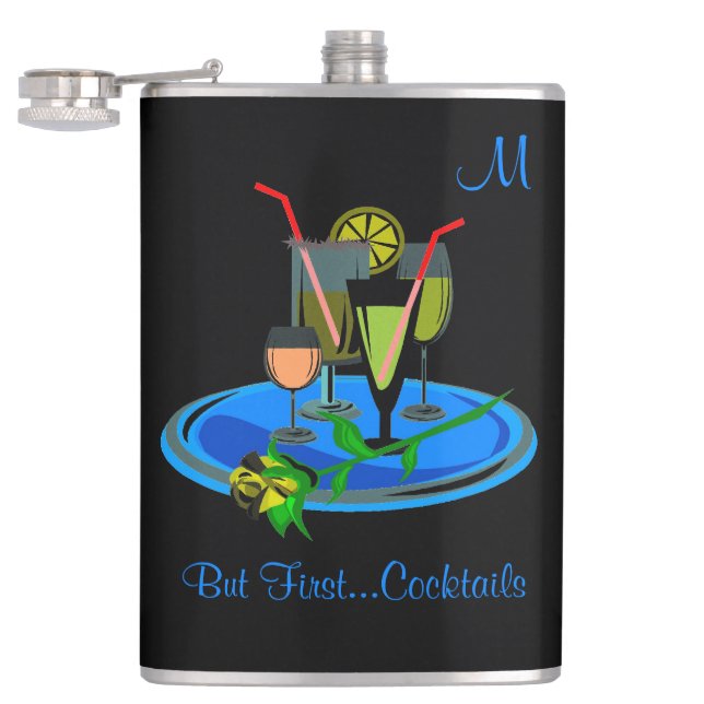 But First Cocktails Drink Quote Monogram Hip Flask (Opened)