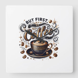 But First Coffee Art - Stylish Gold Design Square Wall Clock
