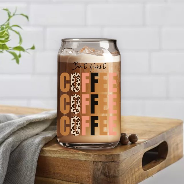 But First Coffee Pink Leopard Print Can Glass (Creator Uploaded)